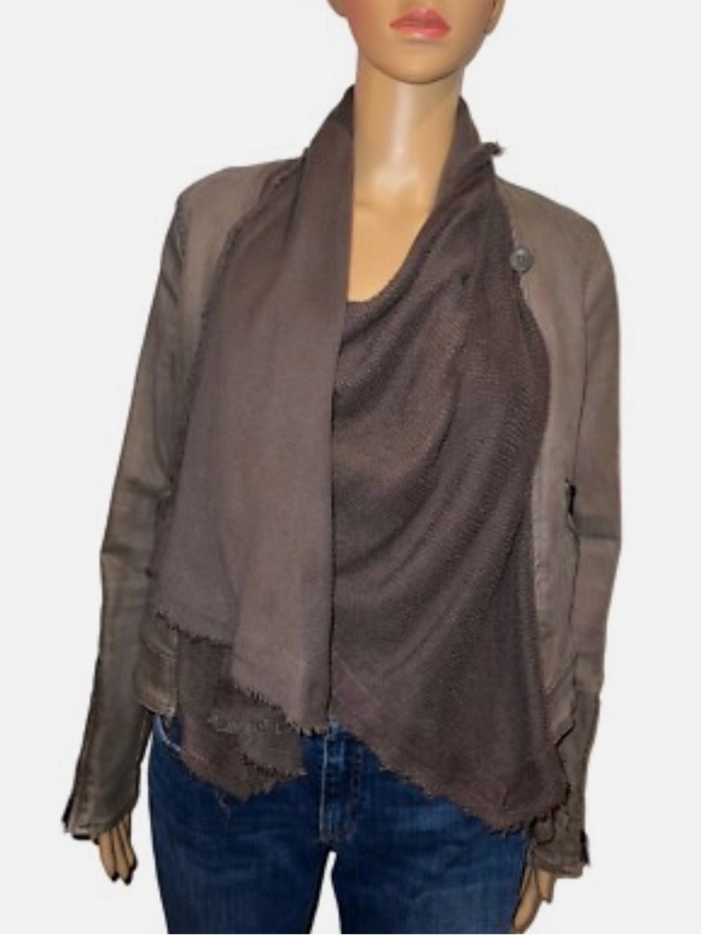 Free People Taupe Cropped Jean Jacket with Attached Scarf - Picture 4 of 6